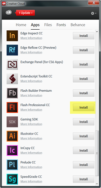Scren capture of Adobe's Creative Cloud Manager, options to install applicationas