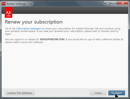 Screen capture of notice to renew a creative Cloud subscription.