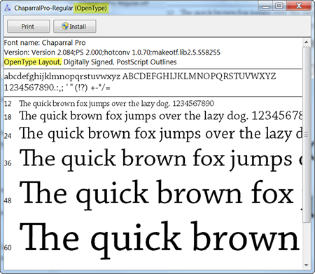 Screen capture of an OpenType font's information box in Windows. The words OpenType are visible in the top bar as well as in the font's description below.