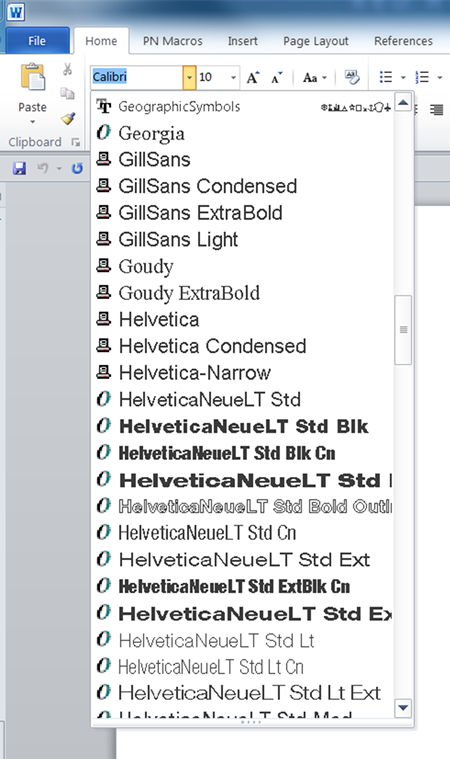 Screen capture from Microsoft Word's font menu shows symbols for TrueType and OpenType, but also an undefined icon that looks like a typewriter.