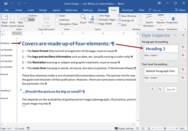 Figure 3: a correctly formatted version of the original Word document shows the heading 1 and 2 styles, as well as the list style.