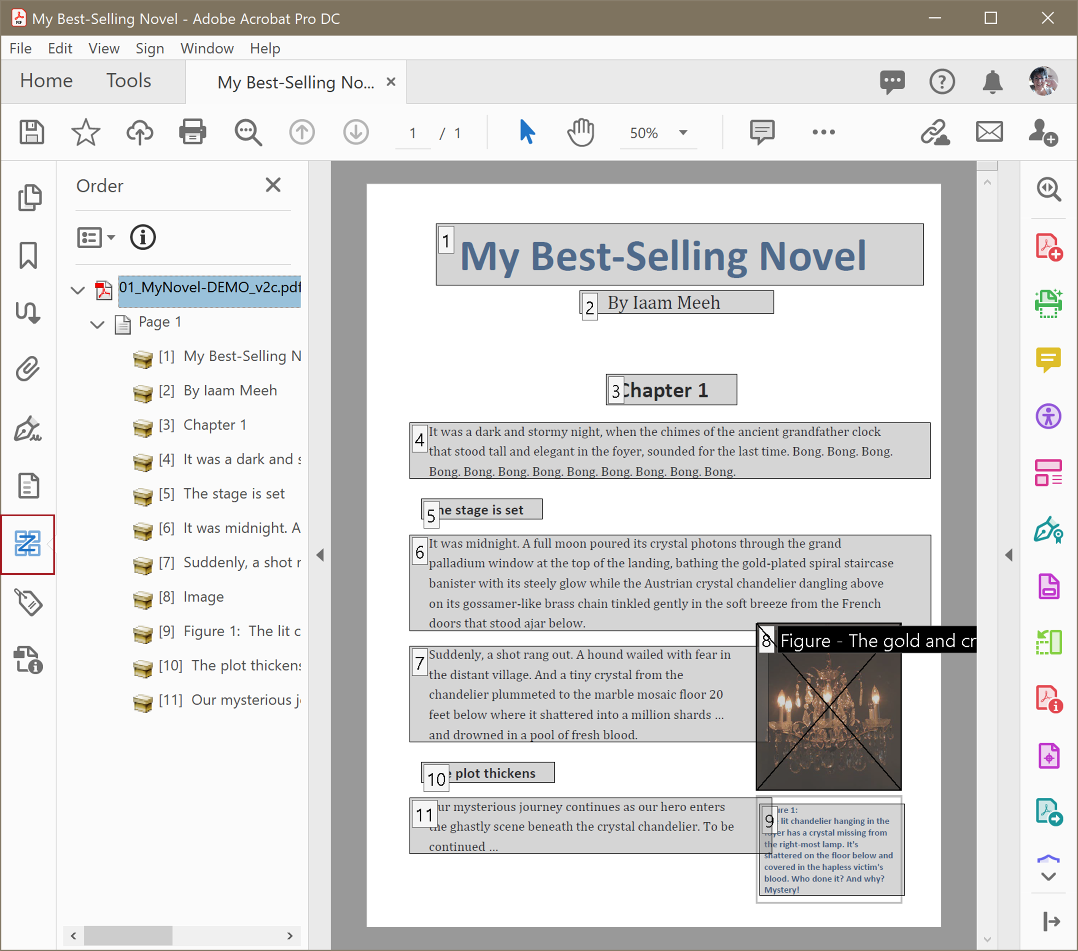 Screen capture of a PDF and the Order pane.