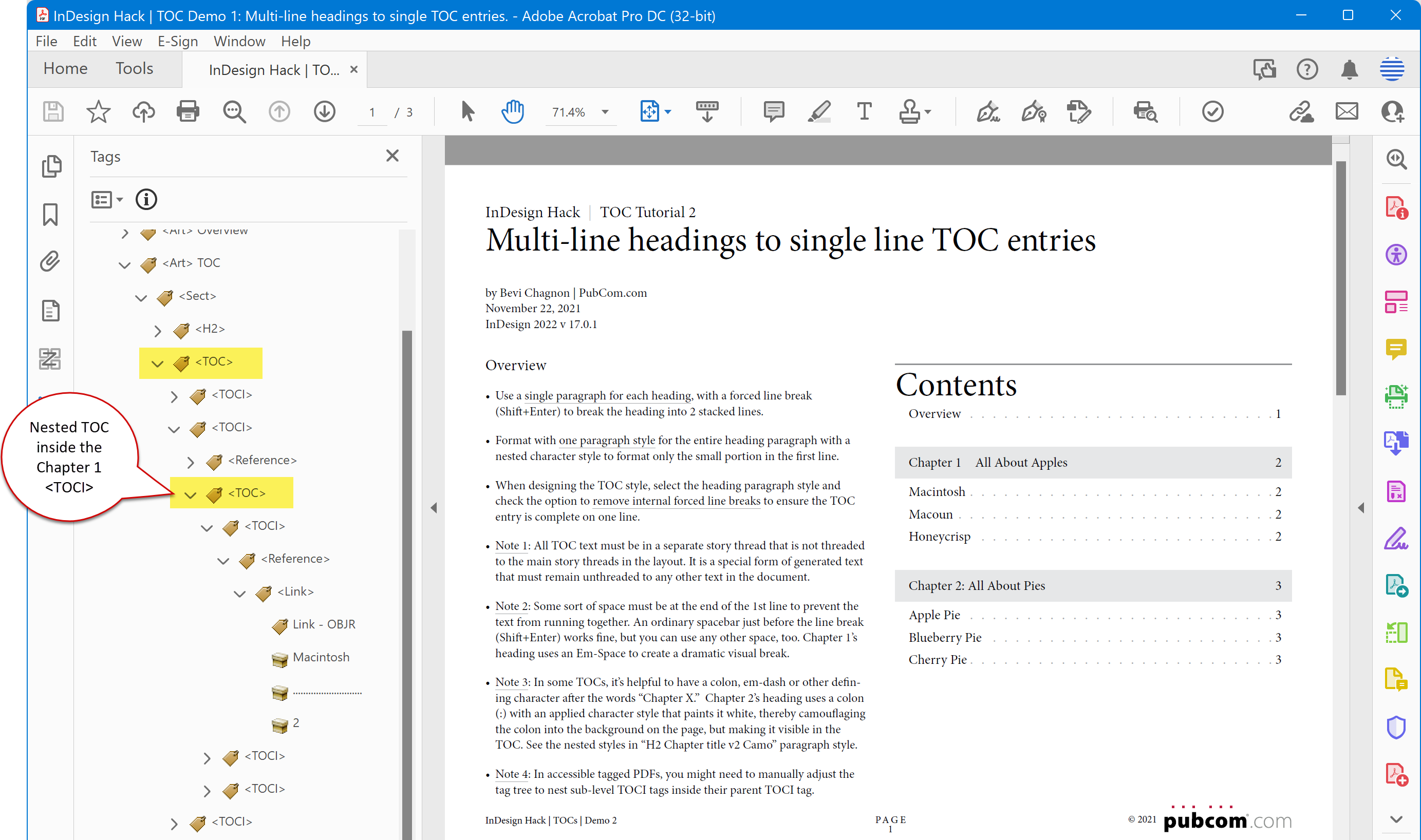 The final PDF in Adobe Acrobat shows the complex nested tags in the tags panel.